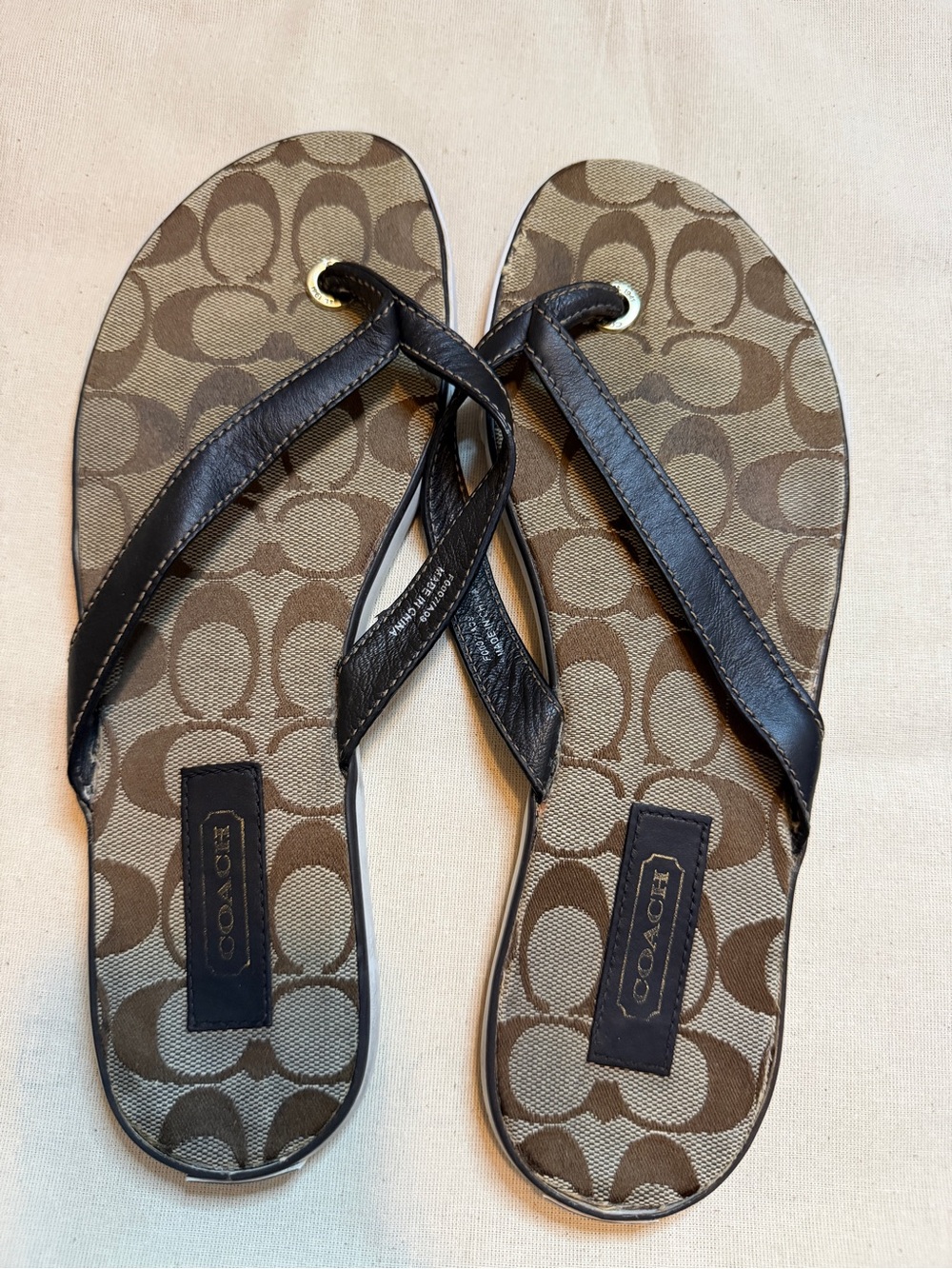 Coach Brown Signature Canvas Thong Sandals with Black Leather Straps